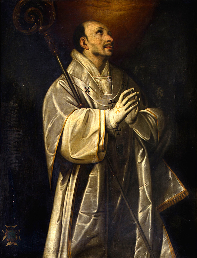 Charles Borromeo is depicted in a three-quarter portrait with his hands in prayer...
